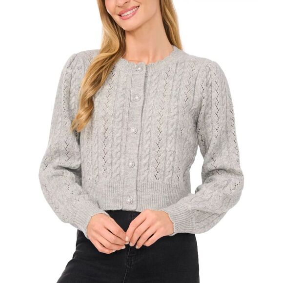 CeCe Women's Top Sweater Sz M Beaded-Button Pointelle Cardigan - Picture 1 of 3